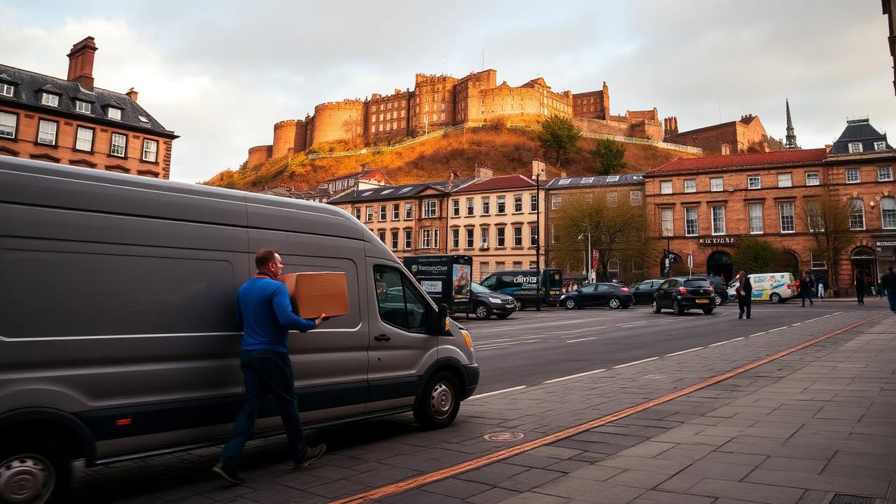 Man with a van removal service in Edinburgh with Edinburgh Castle in the background