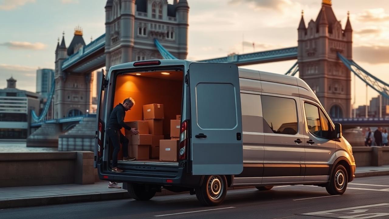 Man with a van removal service loading boxes near Tower Bridge in London
